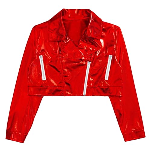 Kids Girls Metallic Spring Motorcycle Jacket Zip Up PU Motor Biker Coat Faux Leather Hip Hop Dance Outwear