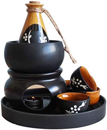 MIRUIKE MIRUIKE Japanese Style Ceramic Sake Serving Gift Set with Warmer Featuring ?1 Sake Pot ?4 Cups,1 Sake Pot Wamer?1 Heating Station? Black