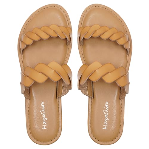Image of mazeskin Women's Memory Foam Two Braid Band Comfortable Summer Straps Flat Slide Sandals