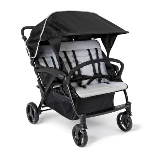 Gaggle by Foundations Odyssey Quad Stroller - 4 Seat Stroller for Daycare & Parks | Bench Seating, UV Canopy, 5-Point Harness, Foot Brake - Black