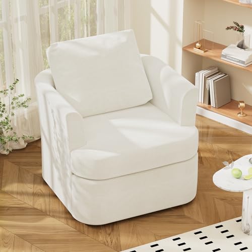 FiveWillowise Sillón giratorio de chenilla para salón, sillón relax con reposabrazos y cojines, sillón de salón, sillón de lectura para dormitorio y salón, sillón individual, color crema