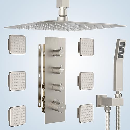 Image of Shower Jets System, 16 inch Ceiling Rainfall Shower System with Spray Jets(Can All Run Together) Thermostatic Shower System with Handheld Shower Head and 6 Body Spray Jets - Brushed Nickel