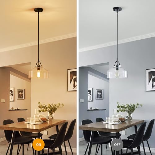 Image of WUZUPS Chandelier Rustic Farmhouse Industrial Round Ceiling Pendant LED Light Fixture with Clear Glass Shades for Dining Room Kitchen Island Foyer Entryway, H 9.4 inch x W 10.6 inch, E26 Base, Black