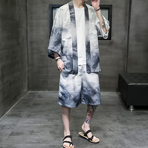 HZCX FASHION Mens Kimono Suit Cover Up Shorts Swimsuits Hanfu Haori Samurai Sets2
