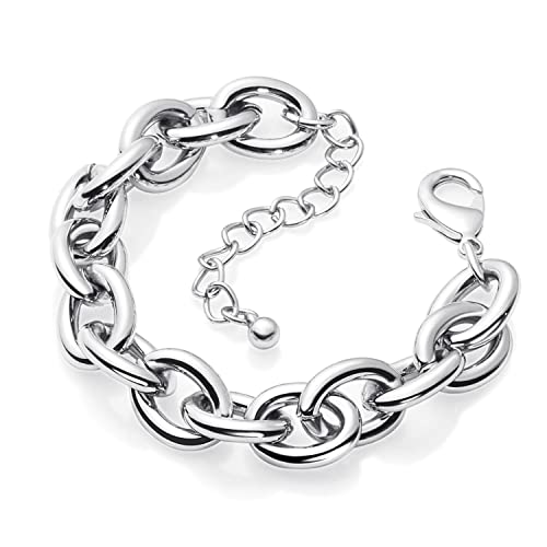 LANE WOODS Silver Bracelets for Women White Gold Plated Chunky Thick Large Link Chain Bracelet