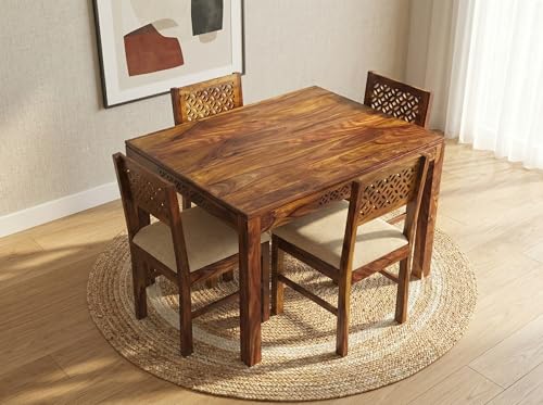 Image of RECTART Solid Wood Dining Table Set with Chairs for Living Room Home | Wooden Dining Room Sets Furniture for Hotels and Restaurants | (CNC-Cream-N, 4 Seater)