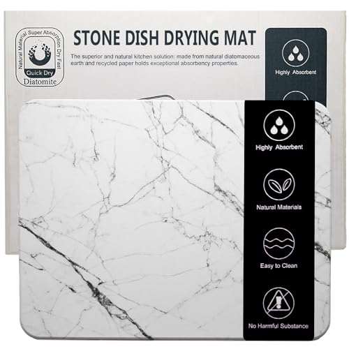 Large Stone Dish Drying Mat For Kitchen Counter - Fast Water Absorbent Diatomaceous Earth Dish Mat Kitchen Drying Stone - Anti-Slip Quick Dry Premium Stone Kitchen Mat (17.8x13.8inch)