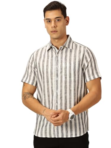 Image of Thomas Scott Men's | Stripes | Half Sleeve | Slim Fit | Linen Blend | Spread Collar | Casual Shirt