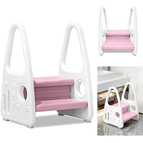 XMTECH Two Step Stool for Kids,Toddler Step Stool with Handles and Non-Slip Steps,Toddler Children Potty Training Kitchen Helper Sturdy Foot Stool,Pink Cover