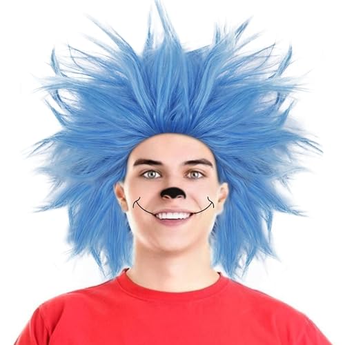 ANOGOL Hair Cap+ Blue Crazy Wig Unique Spiky Funny Wigs Short Crazy Hair Funky Fuzzy Wigs Pelucas Para Payasos Short Blue Wig for Anime Cosplay Halloween Costume Party Christmas Outfit