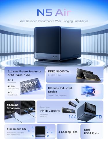 Image of MINISFORUM N5 Air 5-Bay Desktop NAS with up to 174TB Storage, AMD Ryzen 7 255 (8C /16T) CPU, 16GB DDR5 RAM (up to 96GB), 64GB SSD, 1x 10GbE, 1x 5GbE, 2X USB4 (8K), HDMI 8K, OCuLink, 3X M.2 Slots