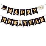 Happy New Year 2026 Banner, Black and Gold Happy New Year Party Supplies, Hanging Bunting for New Year's Eve Party Supplier Decorations - Home Holiday Decorations