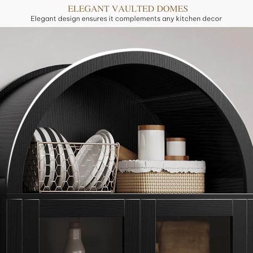 DWVO 71" Arched Cabinet Bookshelf Bookcase with LED Light/Wood Display Cabinet Cabinets with Tempered Glass Doors and Adjustable Shelves/Kitchen Pantry with Storage for Living Room, Dining Room-Black