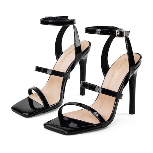 Image of Elisabet Tang Women's Crystal Stilettos Heeled Sandals, 4 Inch Square Open Toe Strappy Sexy High Heels Ankle Strap Buckle Heels for Party Wedding Dress Daily Wear Shoes