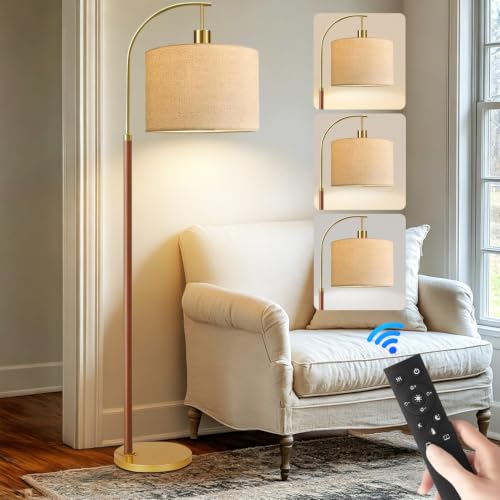 Image of Wood Floor Lamps for Living Room Arc Floor Lamp with Remote Control,Dimmable Farmhouse Floor Lamp Mid Century Modern Standing Lamp with 3 Color Temperature Tall Vintage Floor Lamp For Bedroom Corner