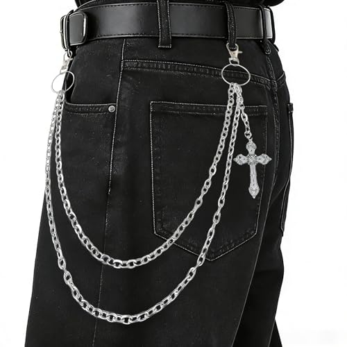 loghohu Hosenkette Herren,Silber Punk Hosen Kette Mit Kreuz,Doppelschicht Gothic Hip Hop Jeanskette,Zweireihige Metall Wallet Chain,Accessoires FüR Damen Herren Jeans,Hosen,KleidungszubehöR Partys