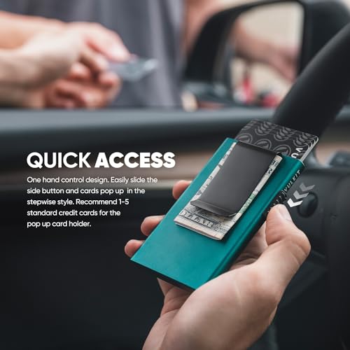 Image of VULKIT Minimalist Wallet with Money Clip RFID Protection Pop Up Card Holder Slim Wallet Credit Card Holder Metal Wallet, Emerald Green