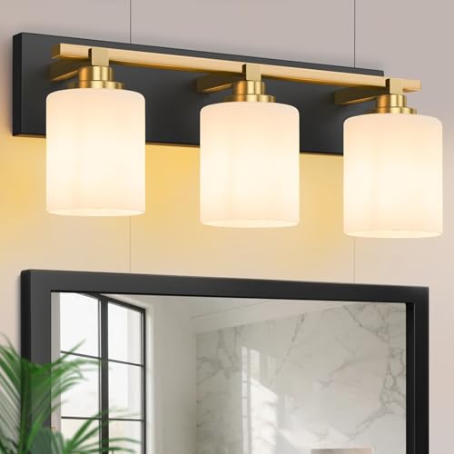 Image of Modern Bathroom Lighting Fixtures Over Mirror, Vanity Lights for Bathroom, Wall Sconces with Milky White Glass Shades, E26 Ceramic Socket, 3-Light 20-inch Black and Gold