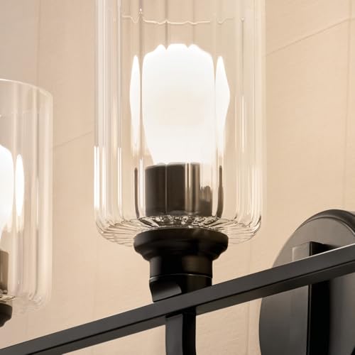 Image of Kichler Gioe 24.25 inch 3-Light Bathroom Vanity Light Fixture with Clear Fluted Glass in Black, Modern Wall Mount Over Mirror for Powder Room, Damp Rated (24.25 inch W x 10.5 inch H), 55226BKFLU