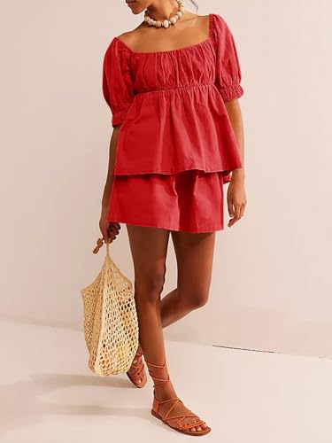 Image of Tankaneo Womens 2 Piece Outfits Summer Square Neck Short Puff Sleeve Babydoll Tops and Shorts Matching Set