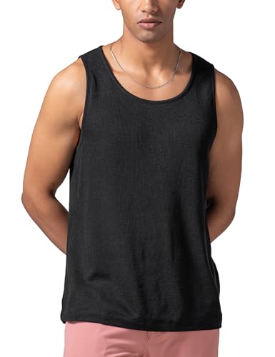 Image of DAMENSCH Relaxed Fit Cotton Rich Blend Waffle Texture Anti- Bacterial Super Premium Solid Tank Top Gym T Shirts for Men Pack of 1