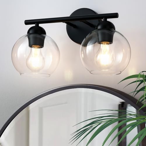 Image of Black Bathroom Light Fixtures, 2 Light Bathroom Vanity Light with Globe Glass Shades, Modern Farmhouse Vanity Lights Over Mirror, Matte Black Wall Lights for Bedroom Restroom, E26 Socket