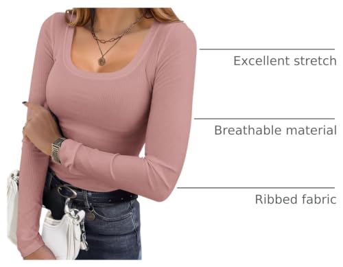 Image of Ekouaer Womens Long Sleeve Shirts Square Neck Slim Fit Basic Tops Ribbed Thermal Undershirts Layering Tee