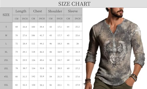 Henley Shirts for Men Vintage Printed Tops Casual Long Sleeve Slim Fit Button Pullover Tee Shirts3