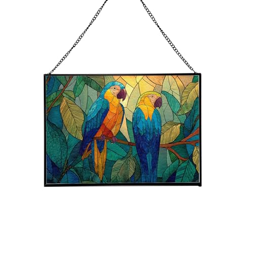 Colorful Parrots in Jungle Canopy Rectangular Stained Glass Suncatcher – Hanging Window Panel with Animal & Nature Scene – Vibrant Glass Art Gift for Wildlife, Fantasy, Nature Lovers fQOJch