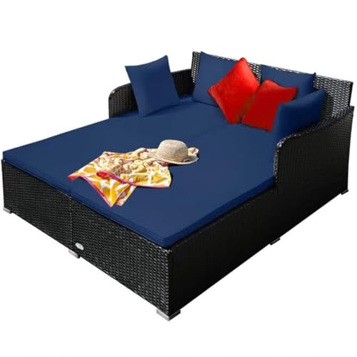 Image of BRISHI Outdoor /Pool Side /Garden /Balcony /Porch /Backyard /Terrace /Patio /Beach /Rectangular Sofa Sunbed Wicker and Rattan Daybed (Black-Blue)
