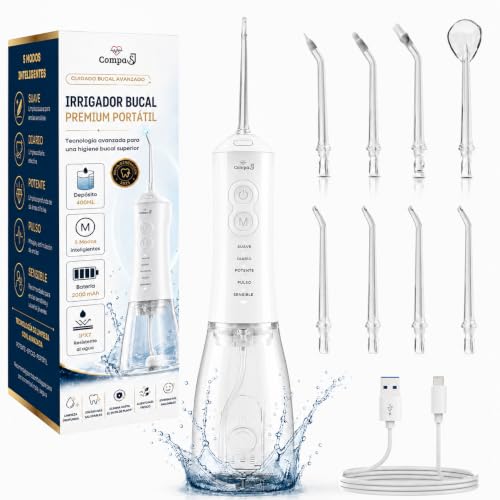 Irrigador Bucal Portatil, 400ML, IPX7 Impermeable, 8 Boquillas, 5 Modos, Irrigador Dental Inalámbrico Profesional, USB-C Recargable, Limpieza Dental, Ortodoncia, Encías sensibles, Para Hogar y Viajes