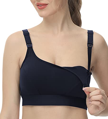 HOFISH Women's Maternity & Nursing Sports Bra Cotton Low Impact Wireless Sleep Bra with Support for Pregnancy Breastfeeding Workout Navy Blue L