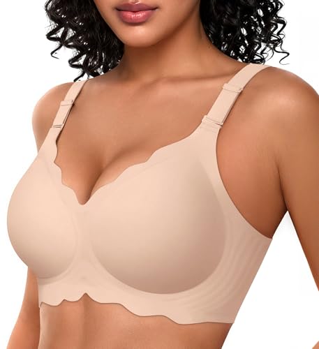 OEAK Womens Seamless Scalloped Bras No Underwire Push Up Full Coverage Bra Comfortable Soft Convertible Everyday Tshirt Bra Nude,L
