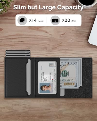 Image of typecase Mens Wallet Card Holder: Pop Up Aluminum Case, Genuine Leather, Smart, RFID Blocking, Slim, Minimalist, Front Pocket - 9-14 Card Capacity | ID Window | Cash Slot (Cross Black)