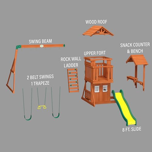 Backyard Discovery Tanglewood Cedar Wood Swing Set with Wave Slide, Clubhouse, Playhouse, Covered Snack Bar Window, Bench, Rock Wall Ladder, Belt Swings, Trapeze, Porch, Step Ladder, Outdoor Playset - image 8