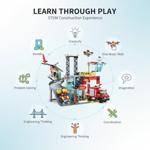 Image of SKY LINE OCEAN Fire Station Slider Building Block Set, 651+ PCS City Fire Rescue Playset with Action Slider Feature, Fire Truck & Accessories, STEM Construction Toy | 5 Year Structural Warranty