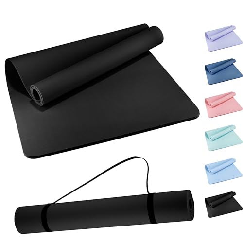 Wimwum Extra Wide Yoga Mat 72 x 32 6mm Non Slip TPE Exercise Mat with Carrying Strap Large Workout Mat for Yoga Pilates Stretching HIIT & Home Gym black