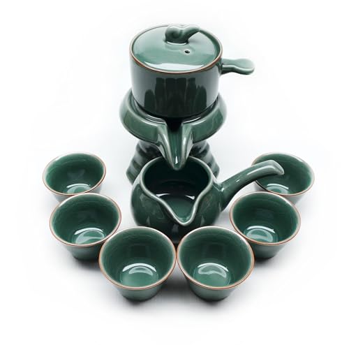 Image of Chinese Gongfu Tea Gift Set, Service Automatic Stone-Mill Design Handmade Ceramics Tea Pot 6 Cups Japanese Kung Fu Tea for Adults Men Women Tea Ceremony Party Home Office Decor (Green)