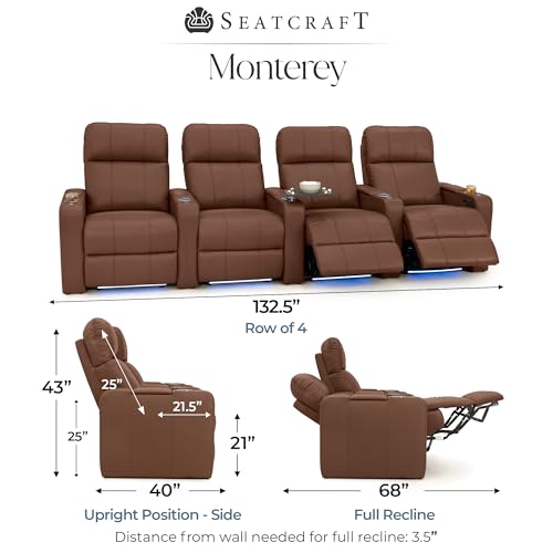 Image of Seatcraft Monterey Home Theater Seating Tobacco Row of 4 | Italian Leather, Wall Hugger, Zero Gravity, Powered Headrest, Power Recline, Zero Gap, USB charging