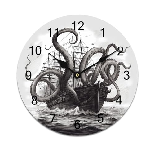 LPAGBCNU Orologio da parete bianco e nero polpo e nave Orologi da parete a batteria in PVC silenzioso senza ticchettio rotondo orologio da parete per soggiorno cucina casa ufficio orologio decorativo