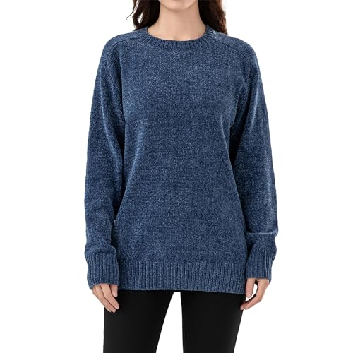 Image of Simple&Opulence Women's Chenille Sweater Crewneck Long Sleeve Pullover Ribbed Cuff Hem Round Neck Jumper Tops