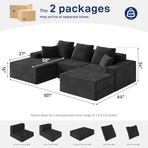 Image of Living&Giving 101 inch U-Shaped Cloud Sectional Couch for Living Room, Cloud Boneless Couch-No Assembly with Reversible Chaise, Customizable 3-Seat Modular Sectional Sofa with 2 Ottoman, Black