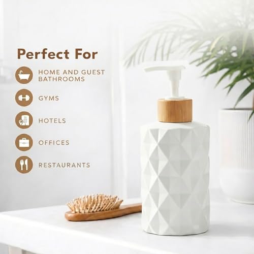 Image of Luxe Home International Faceted Pattern Glass Soap Dispenser for Bathroom and Kitchen Sink Leak Proof Liquid Hand Wash Round Bottle Lightweight Matte Finish (17.5x7.5 cm White) Pack of 1