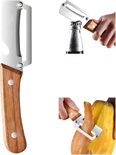 2 en 1 Éplucheur & Ouvre-Bouteille Multifonctionnel Éplucheur de Cuisine avec Lame en Acier Inoxydable Ultra-Tranchante Poignée en Bois Anti-Dérapante pour...