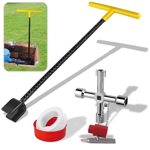 FANOVO 17 Inch Water Meter Key Shut Off Tool with 4-way Multi-Functional Utilities Key, Steel T-Handle Water Meter Wrench for Curb Main and Water Meters, Underground Stop or Waste Valves