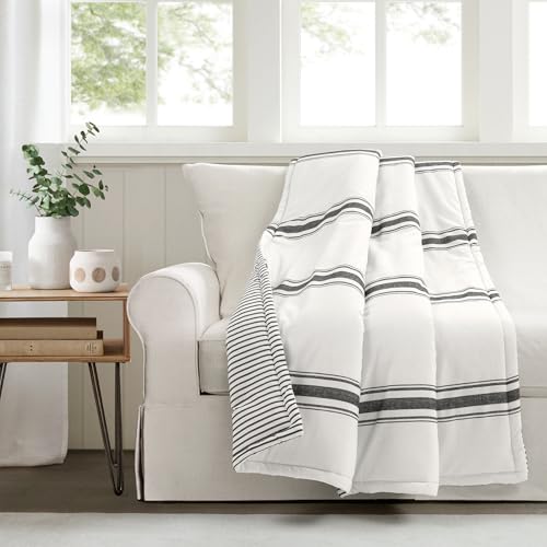 Image of Lush Decor Farmhouse Stripe Reversible Throw, Single, 50 inch W x 60 inch L, Black - Classic Modern Rustic Charm - Cozy Soft Single Pinstripe Print Blanket