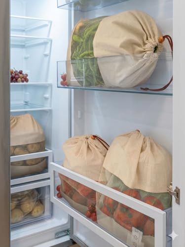 Image of QONETIC 8 Pcs Cotton Vegetable Cloth Bag for Fridge, Fruit and Vegetables Storage Bags for Refrigerator, Fridge storage bags Reusable and Washable Muslin Produce Bags with Drawstring Veg Bags