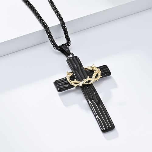 Cross Necklace for Men,Stainless Steel Black Gold Silver Jesus Christ Crucifix Pendant Necklaces Meaningful Religious Jewelry，60cm Rolo Chain3