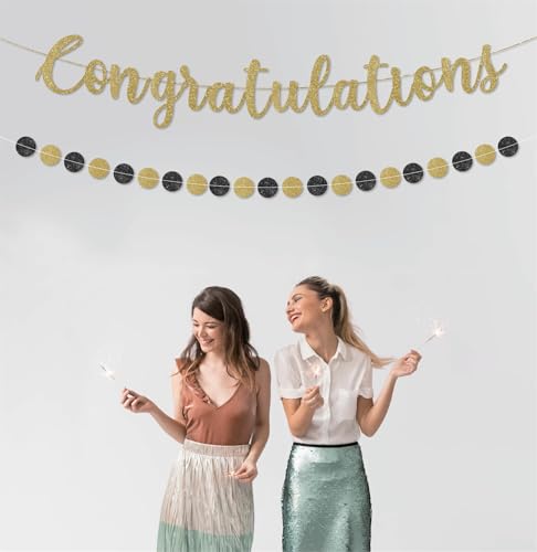 Image of Pre-Strung Congratulations Banner for Graduation Decorations - Congratulations Decorations - Congrats Banner for Graduation, Wedding, Retirement Party Decorations & Decor - Gold Glitter