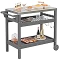 SERWALL Outdoor Grill Cart Pizza Oven Stand Trolley Table with Wheels Three-Shelf Movable Food Prep and Work Table, Grey